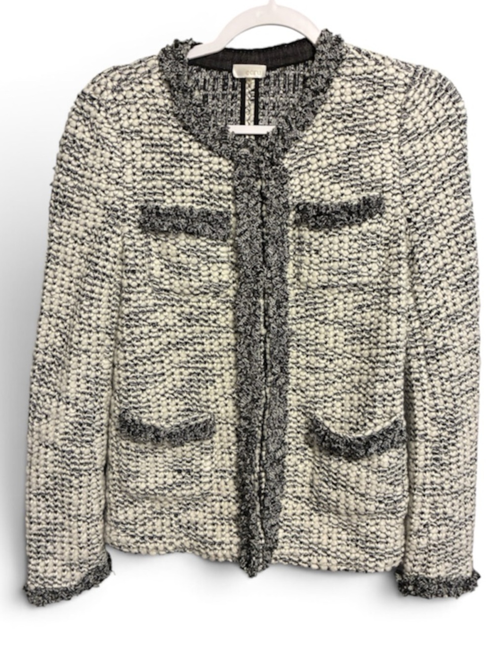 ecru Black & White Bouclé Tweed Blazer Coatigan Hook & Eye Closure Pockets Small